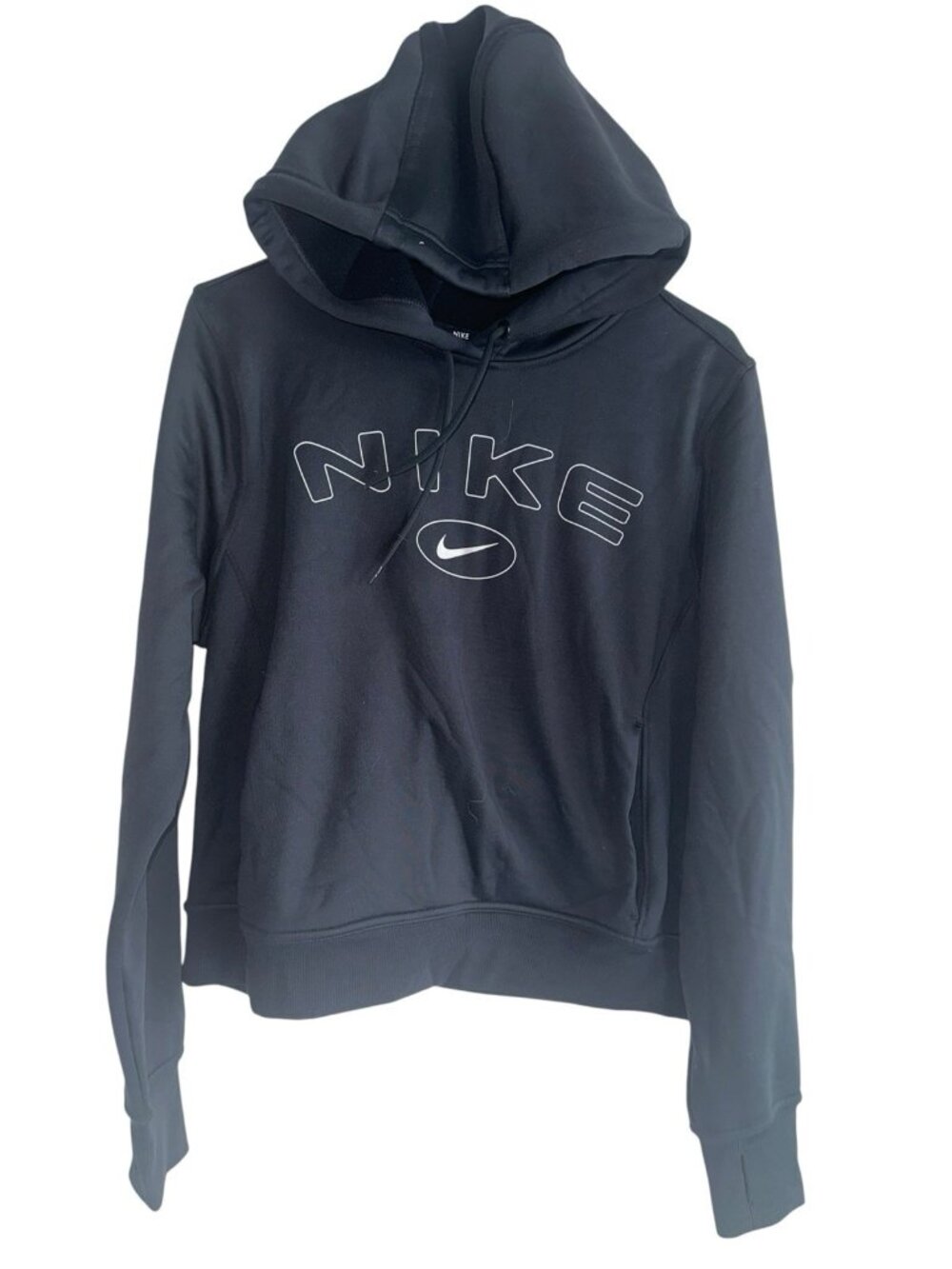 Nike Women's Therma-FIT Pullover Hoodie Black Graphic Logo Sz L Athleisure